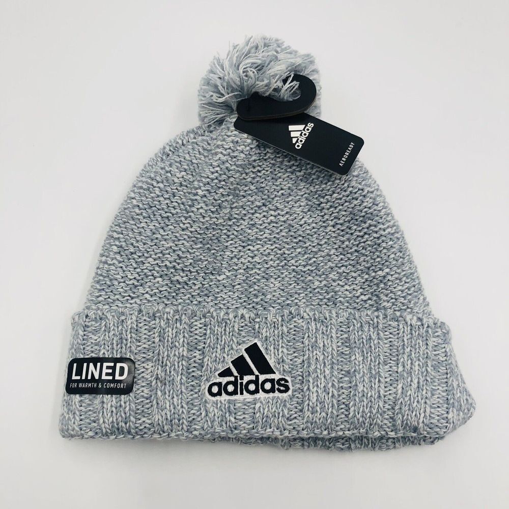 Adidas AEROREADY Lined Beanie Knit Pom Hat Gray Winter Cap Unisex New